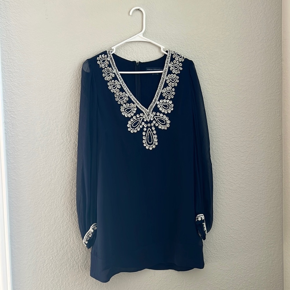 French Connection Navy Beaded Mini Dress with Sheer Sleeves